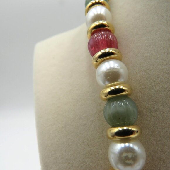 Beaded Necklace Faux Pearl Glass Carved Beads Multicolor Gold Tone Spacers Oval - Picture 4 of 13